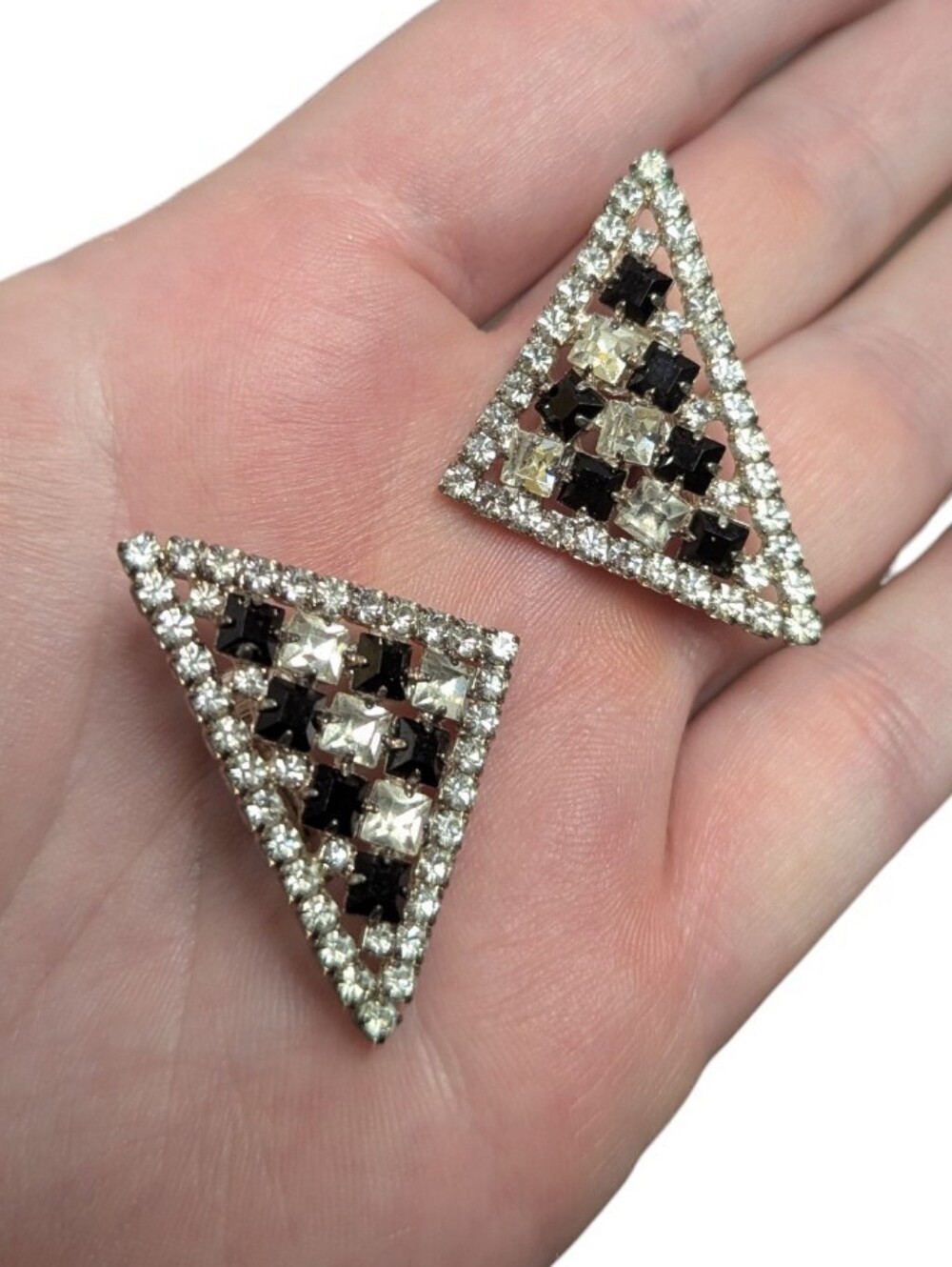 Vintage Costume Jewelry Clip On Earrings 1980s Triangle Silver Plated